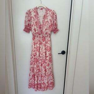 Max Studio Cream and Pink Red Cream Floral Midi Dress Toile Small